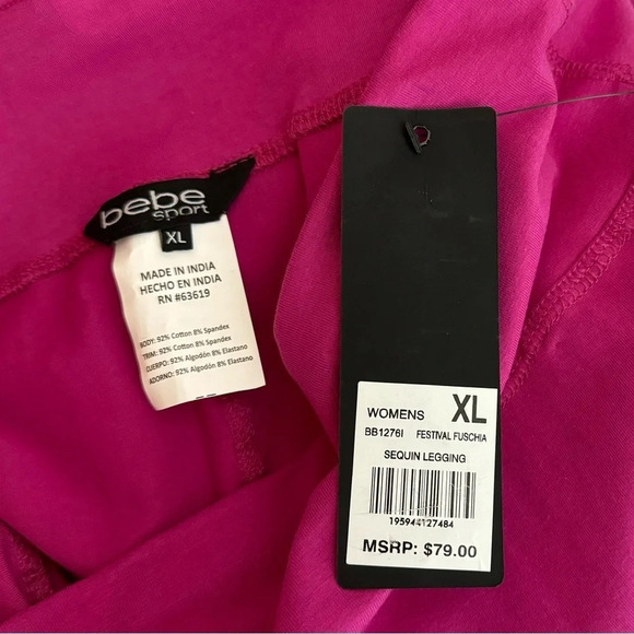 Bebe Sport Sequin Logo Leggings Size XL Festival Fuschia Pink Ankle Length - Picture 8 of 9